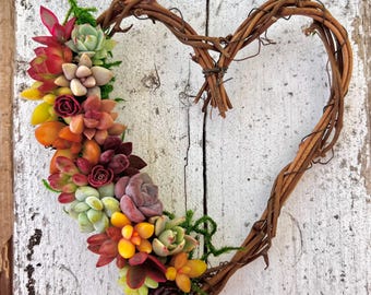 5” Heart-Shaped Succulent Wreath | Colorful Live Plant Decor | Handmade Grapevine Design