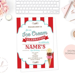 Printable Personalised Ice Cream Invitation, Ice Cream Birthday Party Invitation, Vintage Ice Cream Invite, Ice Cream Social, Summer Invite