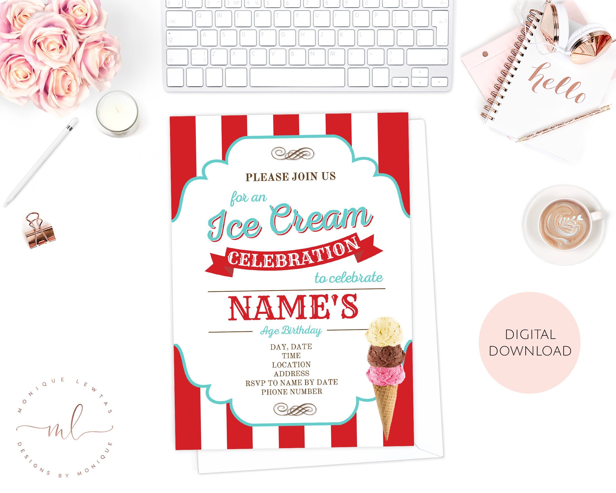 Printable Personalised Ice Cream Invitation Ice Cream - Etsy