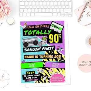 May include: A digital printable party invitation with a 90s theme. The invitation features a purple, blue, and green color scheme with a variety of 90s icons, including a cassette tape, a boombox, a gameboy, and rollerblades. The text on the invitation reads "Totally 90's Bangin' Party".