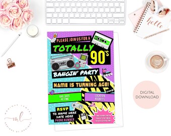 Printable Personalised 90's Themed Invitations, 90's Party, 90's Birthday, 90's Invite, Back To The 90's, Retro, Throwback, 90's Invitation