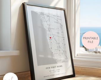 May include: A framed black and white map print titled "Our First Home." The map features a red heart marking a location in Brighton, Victoria. The print includes the names Jayden & Alyssa and the date April 5th, 2022.