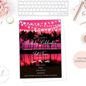 Printable Personalised Girls Pink Beach Party Invitations, Beach Theme Party, Summer Birthday Invitations, Beach Wedding Invitations, Sunset