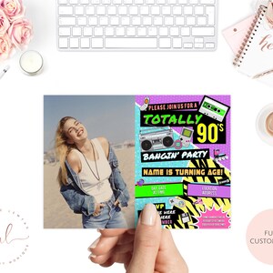 May include: A colorful party invitation with a 90s theme. The invitation features a boombox, a video game, and a cassette tape. The text on the invitation reads "Please join us for a Totally 90's Bangin' Party".