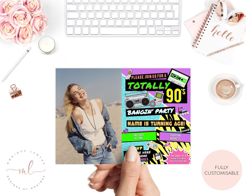May include: A colorful party invitation with a 90s theme. The invitation features a boombox, a video game, and a cassette tape. The text on the invitation reads "Please join us for a Totally 90's Bangin' Party".