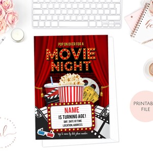 Printable Personalised Movie Birthday Invitation, Cinema Birthday Invitation, Pop On Over, Movie Invitation, Movie Birthday Party Invitation