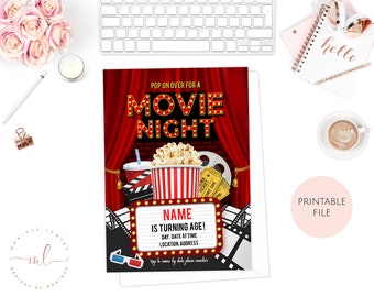 Printable Personalised Movie Birthday Invitation, Cinema Birthday Invitation, Pop On Over, Movie Invitation, Movie Birthday Party Invitation