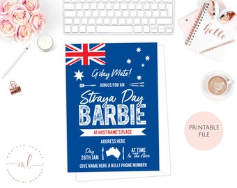 Può includere: Un invito stampabile blu e rosso per una festa "Straya Day Barbie". L'invito presenta la bandiera australiana, un barbecue e un paio di pinze. Il testo recita "G'day Mate! Unisciti a noi per una Straya Day Barbie. A [Nome dell'ospite]. Giorno 26 gennaio. All'ora Nel pomeriggio. Dai il nome qui! Numero di telefono."