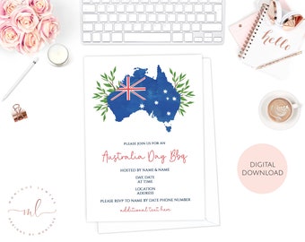 Può includere: Invito stampabile per un barbecue del giorno dell'Australia. L'invito presenta un'illustrazione ad acquerello della bandiera australiana su una mappa dell'Australia con foglie verdi. Il testo recita "Si prega di unirsi a noi per un barbecue del giorno dell'Australia. Ospitato da [Nome] e [Nome]. Giorno, Data alle Ore. Luogo Indirizzo. Si prega di confermare la propria presenza a [Nome] entro il [Data] Numero di telefono. Testo aggiuntivo qui. Download digitale."