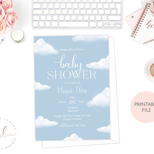 Printable Personalised Cloud Baby Shower Invitation, Neutral Baby Shower Invite, Baby Boy Shower, Minimalist Modern Baby Shower Invite