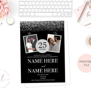 Printable Personalised Silver 25th Wedding Anniversary Then and Now Invitations, 25th Wedding Anniversary Invitations, Silver Anniversary