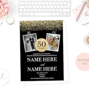 Printable Personalised Gold and Black 50th Wedding Anniversary Then and Now Invitations, Wedding Anniversary Invitations, Golden Anniversary