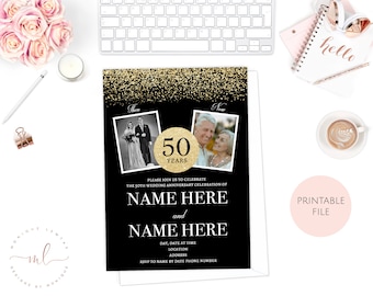 Printable Personalised Gold and Black 50th Wedding Anniversary Then and Now Invitations, Wedding Anniversary Invitations, Golden Anniversary