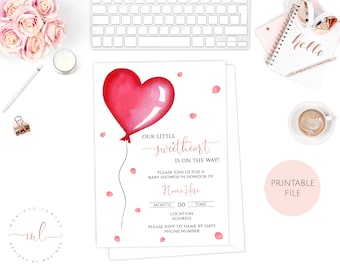 May include: Printable baby shower invitation with a red heart-shaped balloon and pink confetti. The text reads "Our little sweetheart is on the way!" and includes space for the name, date, time, location, and RSVP information.