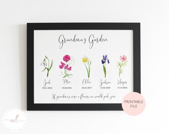 Digital Custom Personalised Grandma's Garden Watercolour Birth Month Flower Print, Family Tree Print, Mother's Day Print, Grandparents Gift