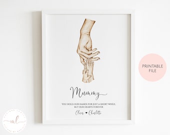 Printable Personalised Mummy Family 1-4 Holding Hands Print, Mother's Day Gift, Children Holding Hands, Watercolour Hand Art, Wall Art