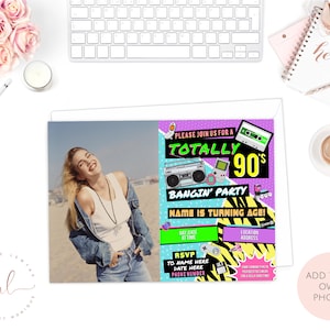 May include: A colorful birthday party invitation with a 90s theme. The invitation features a retro cassette tape, a boombox, a video game controller, and a zebra print background. The text on the invitation reads "Totally 90's Bangin' Party".