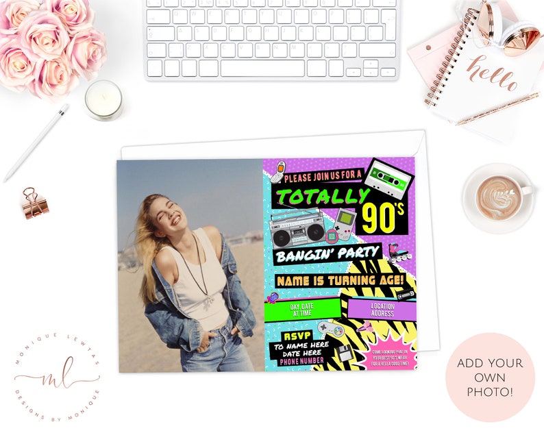 May include: A colorful birthday party invitation with a 90s theme. The invitation features a retro cassette tape, a boombox, a video game controller, and a zebra print background. The text on the invitation reads "Totally 90's Bangin' Party".