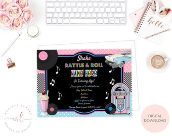 Printable Personalised 50's Rock and Roll Theme Birthday Invitations, Retro 1950's Birthday Party, Sock Hop Birthday Invites, Fifties Invite