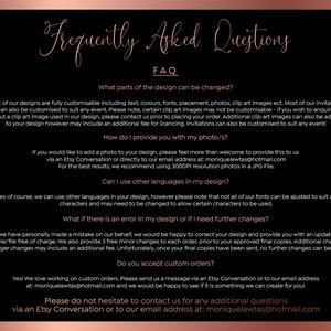 May include: A frequently asked questions (FAQ) page with a pink background and black text. The page provides information about customizing designs, adding photos, using different languages, and handling errors or changes. It also includes contact information for the seller.