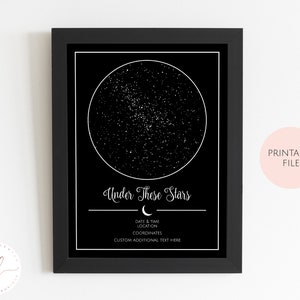 Printable Personalised Custom Star Map, Night Sky Print, Star Chart, Star Phase, Constellation Map, Star Map By Date, Personalised Gift