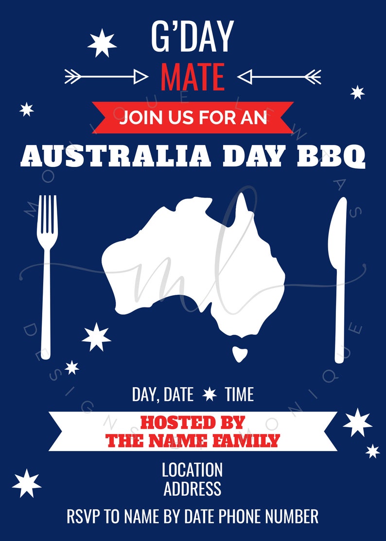 Printable Personalised Australia Day Invitations Aussie Etsy