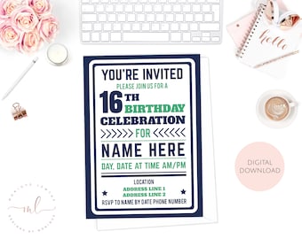 Printable Personalised Teens Birthday Invitation, Boys Birthday Invitation, Tweens Invitation, 13th Birthday Invite, 16th Birthday Invite