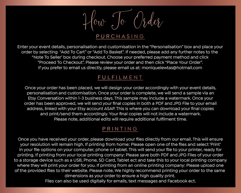 May include: A pink and black graphic with the text "How To Order" in a large, bold font. The graphic provides instructions for purchasing, fulfilling, and printing orders. The text includes the email address moniquelewtas@hotmail.com.
