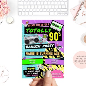 May include: A bright and colorful invitation for a 90's themed party. The invitation features a retro design with a boombox, a cassette tape, a video game, and roller skates. The text on the invitation reads "Totally 90's Bangin' Party".