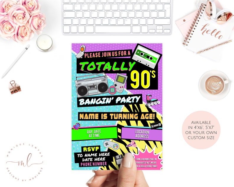 May include: A bright and colorful invitation for a 90's themed party. The invitation features a retro design with a boombox, a cassette tape, a video game, and roller skates. The text on the invitation reads "Totally 90's Bangin' Party".