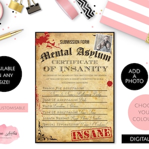 Printable Personalised Mental/Lunatic/Insane Hospital Asylum Invitation, Halloween Party Invitation, Morgue Submission Form, Horror Invite