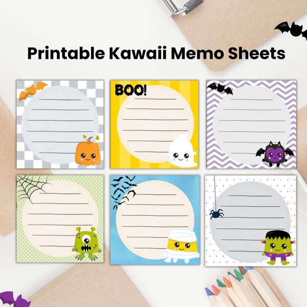 Printable Kawaii Memo Pad, Halloween Cute Memo Pad, Printable Notepad, Kawaii Stationery, Instant Download