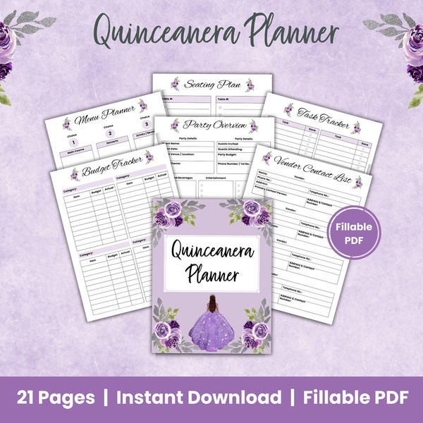 Quinceanera Planner, Printable Quinceanera Party Planner, Fillable PDF,  Quince Planner, Sweet 15, Event Planner, Purple Quinceanera