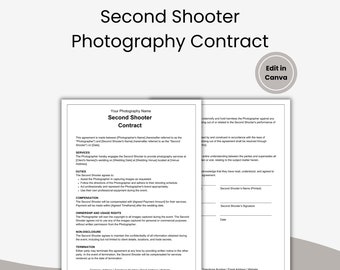 Könnte beinhalten: Eine schwarz-weiße Vertragsvorlage für einen zweiten Fotografen. Der Vertrag enthält Abschnitte für Dienstleistungen, Aufgaben, Vergütung, Eigentums- und Nutzungsrechte, Geheimhaltung und Beendigung. Das Dokument trägt den Titel "Vertrag für Zweitfotografen".