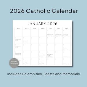2026 Catholic Calendar, Printable Catholic Calendar, Feasts, Memorials, Solemnities, 12 Month Calendar, Liturgical Calendar