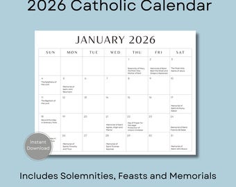2026 Catholic Calendar, Printable Catholic Calendar, Feasts, Memorials, Solemnities, 12 Month Calendar, Liturgical Calendar