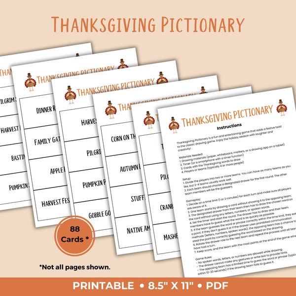 Thanksgiving Pictionary, Thanksgiving Games Printable, Thanksgiving Games, Friendsgiving Game, Family Reunion Game, Holiday Pictionary