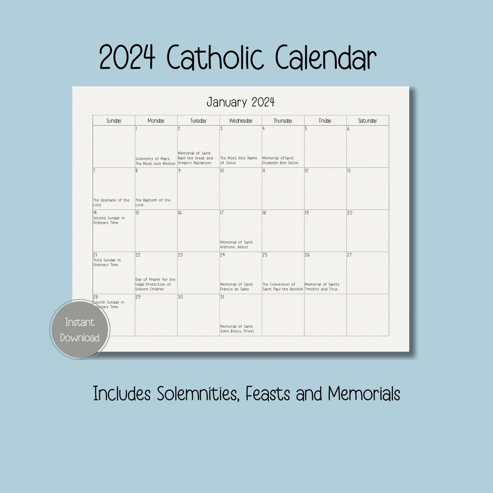 2024 Catholic Calendar, Printable Catholic Calendar, Feasts, Memorials