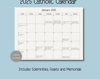 2025 Catholic Calendar, Printable Catholic Calendar, Feasts, Memorials, Solemnities, 12 Month Calendar, Liturgical Calendar