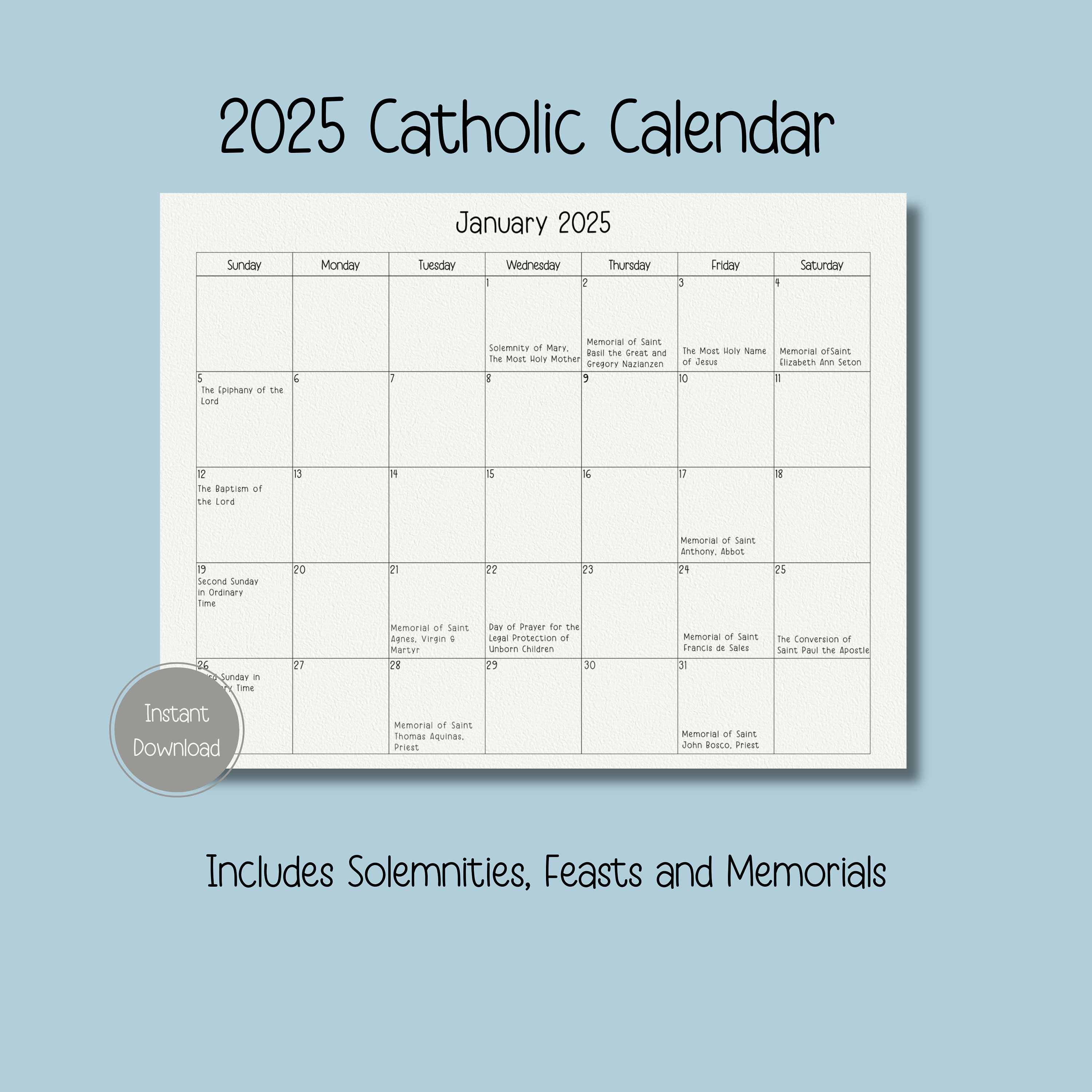 2025 Catholic Calendar, Printable Catholic Calendar, Feasts, Memorials, Solemnities, 12 Month Calendar, Liturgical Calendar