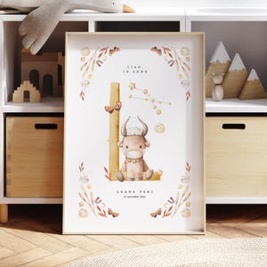 Póster inicial personalizado / Tema del signo del zodíaco de la guardería / Inicial, nombre y fecha de nacimiento / Tauro / Decoración de pared de guardería / Póster imprimible impreso