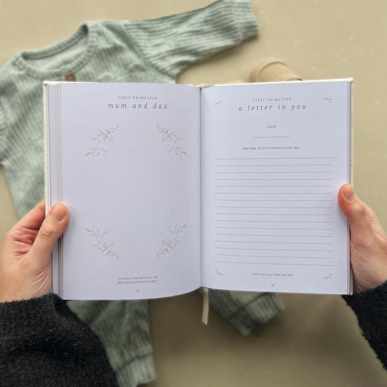 K&ouml;nnte beinhalten: Offenes wei&szlig;es Tagebuch mit dem Text "Erstes Trimester: Mama und Papa" auf der linken Seite und "Erstes Trimester: Ein Brief an dich" auf der rechten Seite. Das Tagebuch hat ein florales Design.