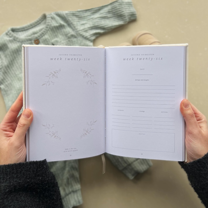 K&ouml;nnte beinhalten: Ein offenes Schwangerschaftsjournal mit wei&szlig;em Einband und einem hellblauen Baby-Strampler im Hintergrund. Die Seite ist mit "Zweites Trimester, Woche Sechsundzwanzig" betitelt.