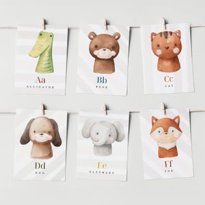Alfabeto da stampare per bambini | Set di 26 flashcard con lettere e animali | Impara l’ABC in inglese | Carte educative illustrate
