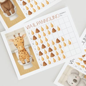 Tabla de entrenamiento para ir al baño para niños pequeños / Imprimible de 12 semanas con animales en el inodoro / Iconos recortables de orina y popó para seguir el progreso