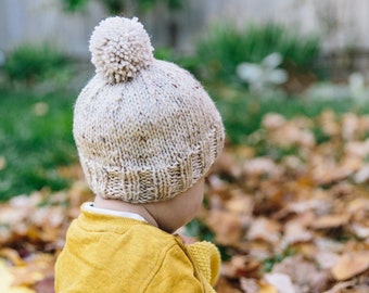 Gender Neutral Baby Hat with Pom Pom, Pom Pom Baby Beanie Hat Boy or Girl, Newborn Baby Boy or Girl Gift, Hand Knit Baby Hat in Oatmeal Wool