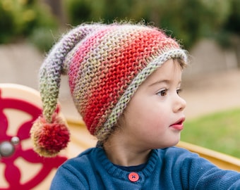 Knit Elf Hat for Kids - Pom Pom Beanie for Girls and Boys - Kids Beanie Hat with Pom Pom - Kids Winter Hat Size 6 to 12 Months