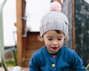 Grey Knit Beanie with Pom Pom - Hand Knitted Hat with Pom Pom - Kids Beanie with Pink Pom Pom - Sizes 3 Months to 5 Years