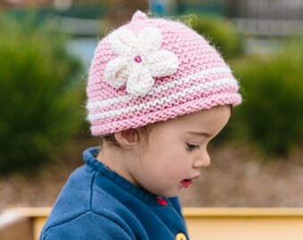 Pink Knitted Beanie with Flower - Pink Knitted Hat with Stripes - Knitted Beanie for Girl in Sizes 3 Months to 5 Years