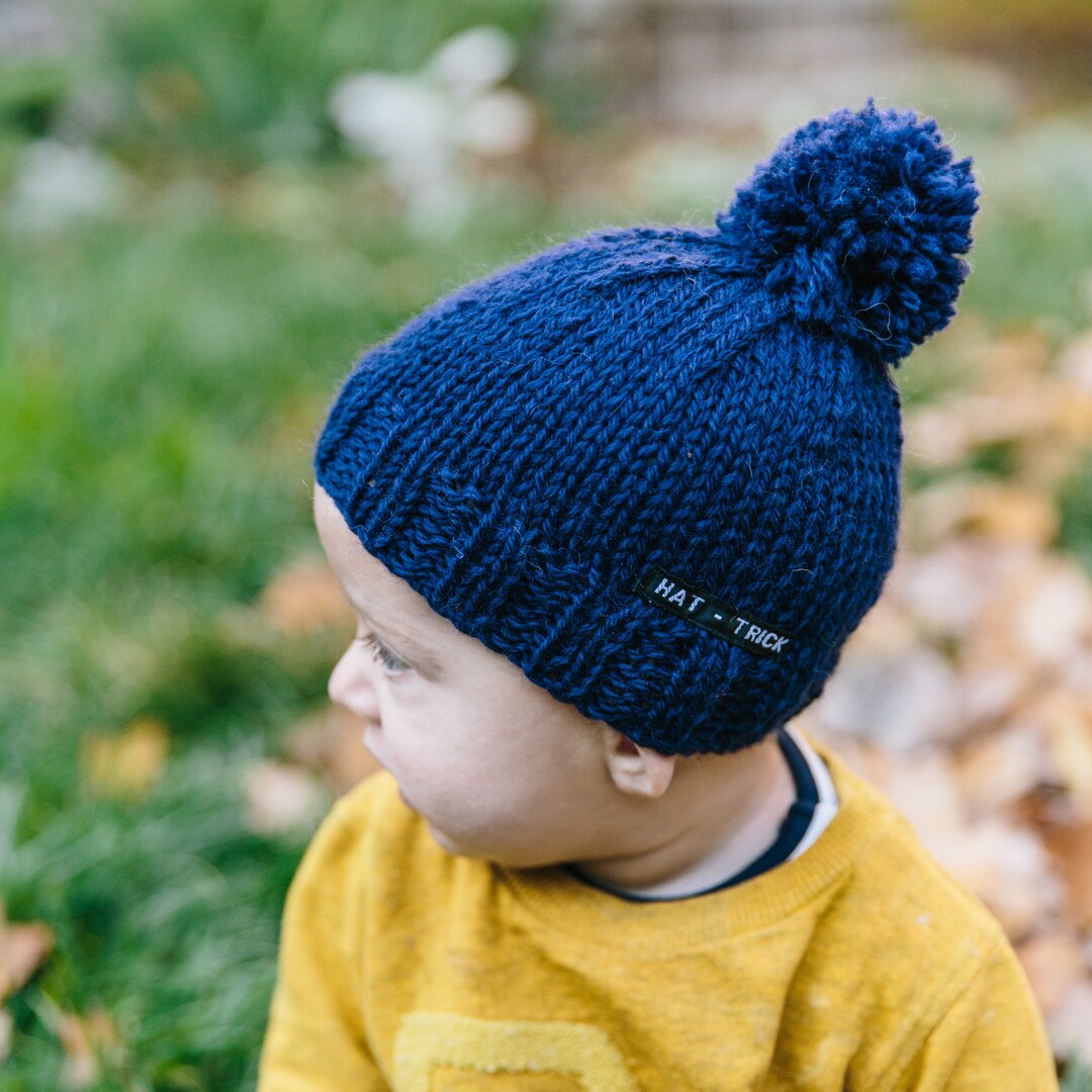 Navy pom pom baby beanie, newborn boy beanie hat, toddler winter beanie